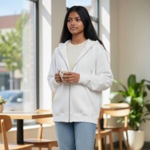 White Zip-Up Hoodie Athletic Works Cotton Fleece Jacket Size Medium